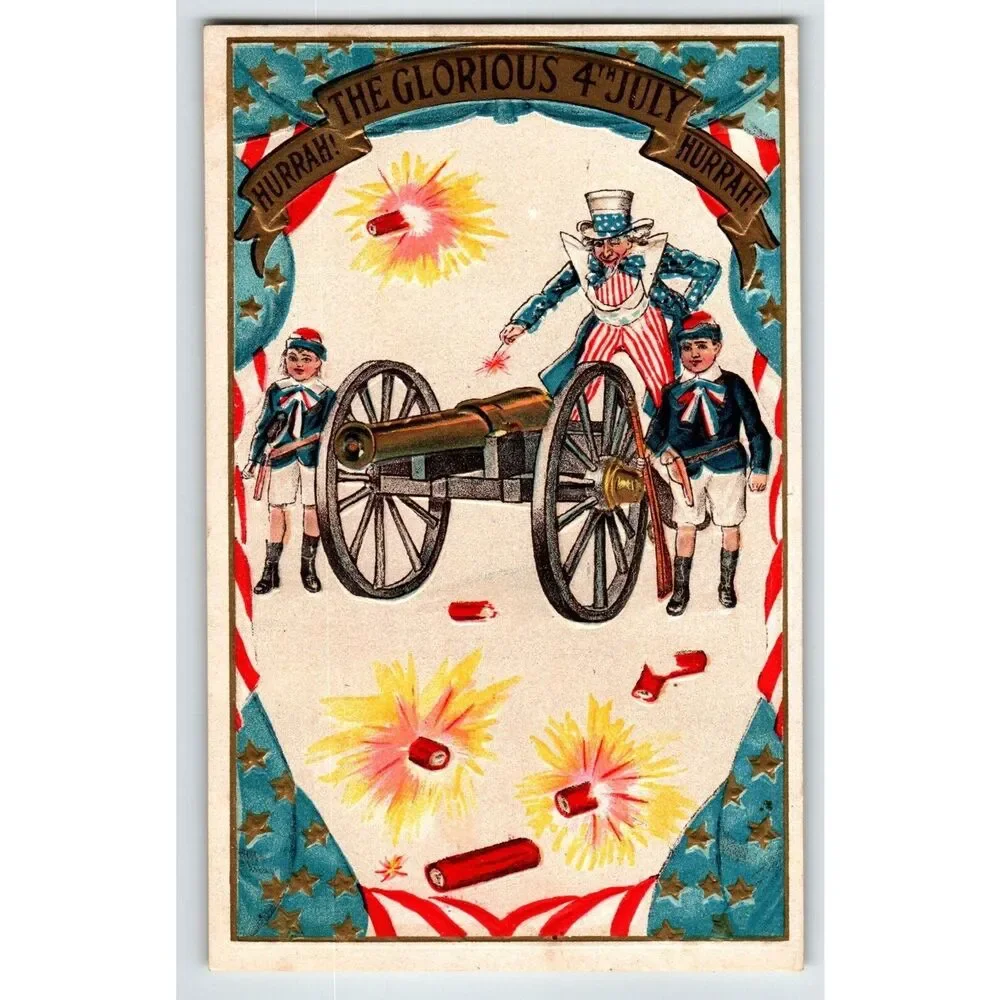 4th Of July Uncle Sam Cannon Fireworks Stars Children Postcard 258 Unposted USA
